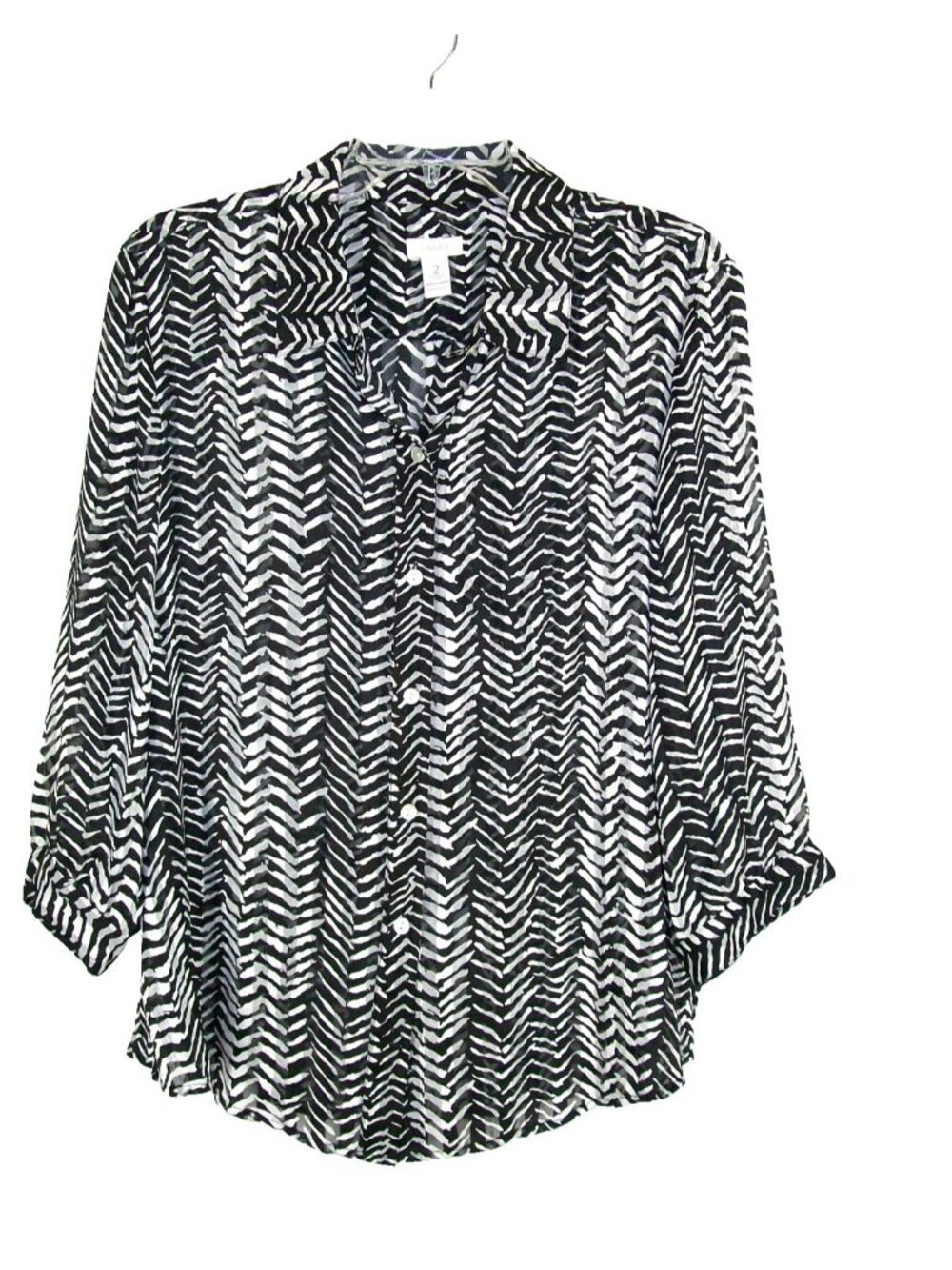 Chicos Button Up Blouse Top sz 2 L Chevron Black White Lightweight 3/4 Sleeve